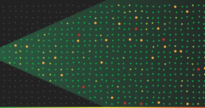 A risk assessment beam lighting a field of transactions, with higher-risk activity highlighted